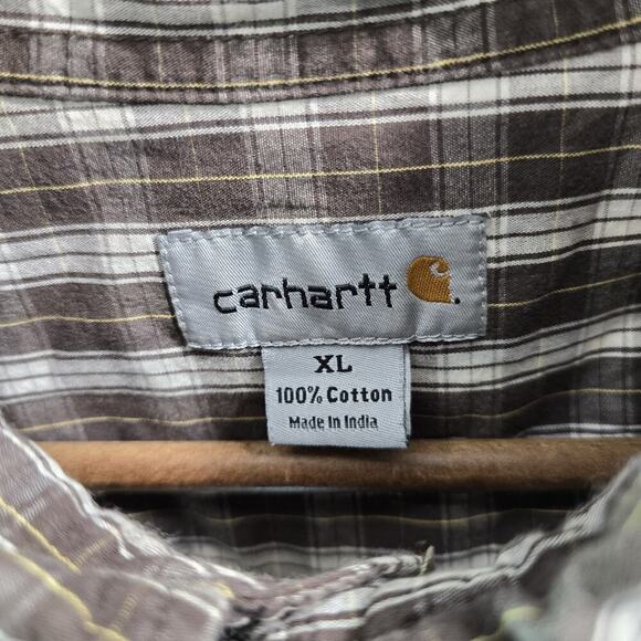 Carhartt Shirt Mens XL Brown White Short Sleeve Button Up Plaid Collared Cotton - Picture 3 of 11